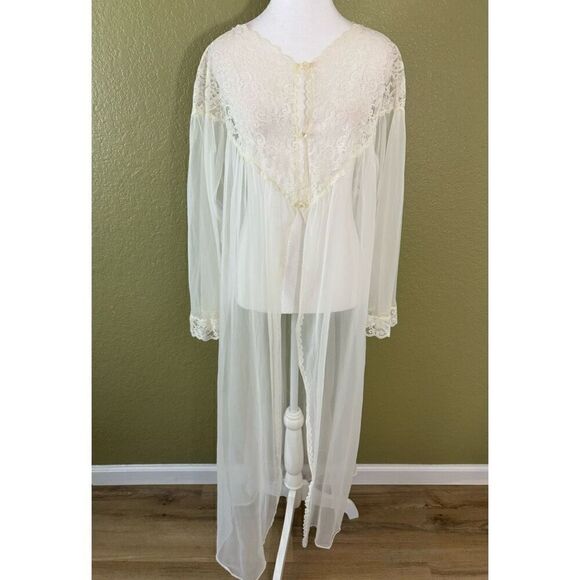 Vintage Kayser Women's L Sheer Lace Top Peignoir Ivory Nightgown Robe Layer - Picture 1 of 10